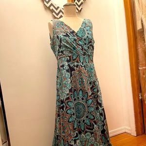 Maxi Faux-Wrap Dress, Size 10-12, Teal Multi